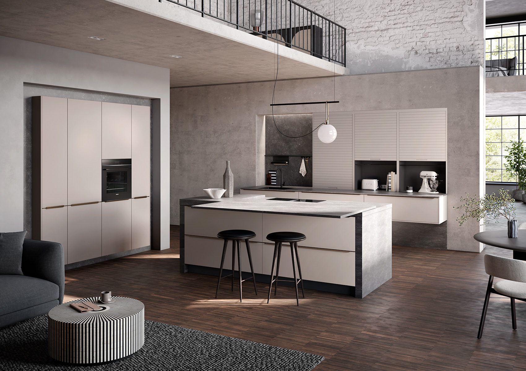 Cocina Häcker AV 5015 en beige arena con piedra Breccia Imperiale