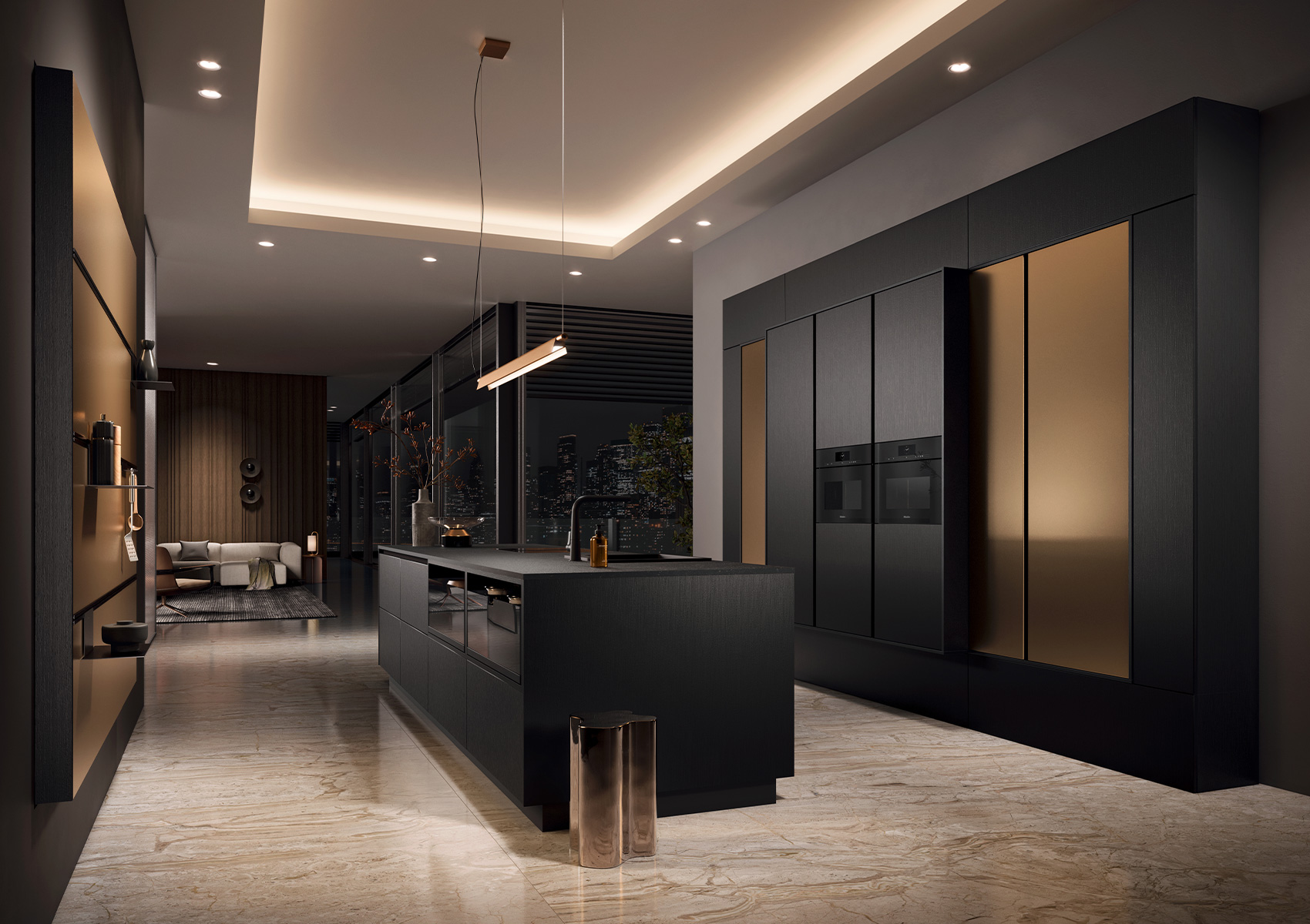 Cocina Häcker systemat AV 7070 con frentes de laca metálica bronce y roble negro